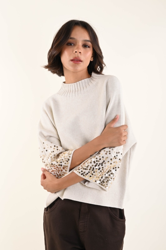 Rundhals-Pullover mit 3/4 Arm und Pailletten